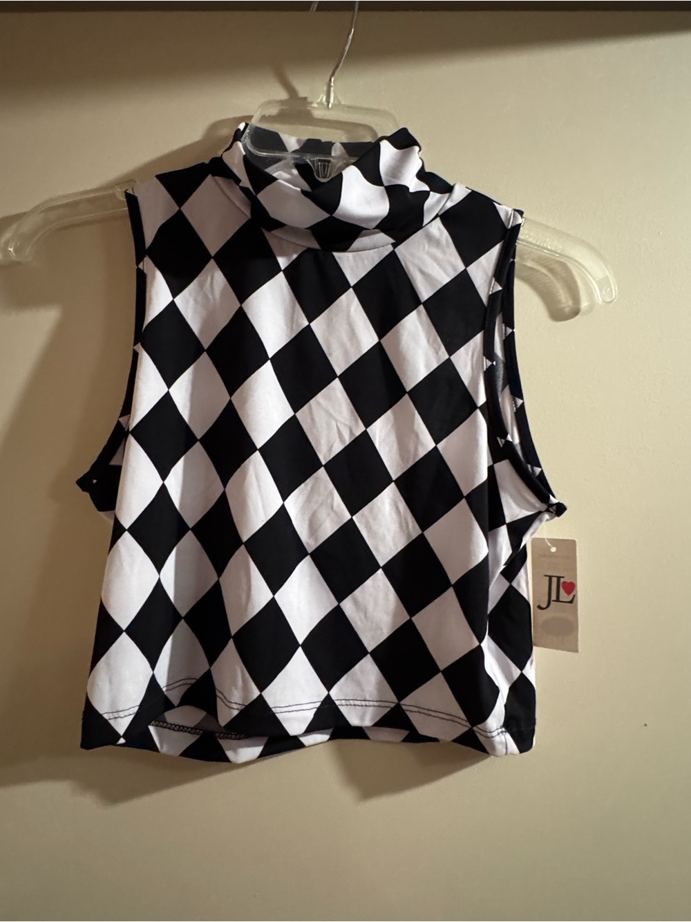 Joyce Leslie Black and White Checkered Sleeveless Mock Neck Crop Top